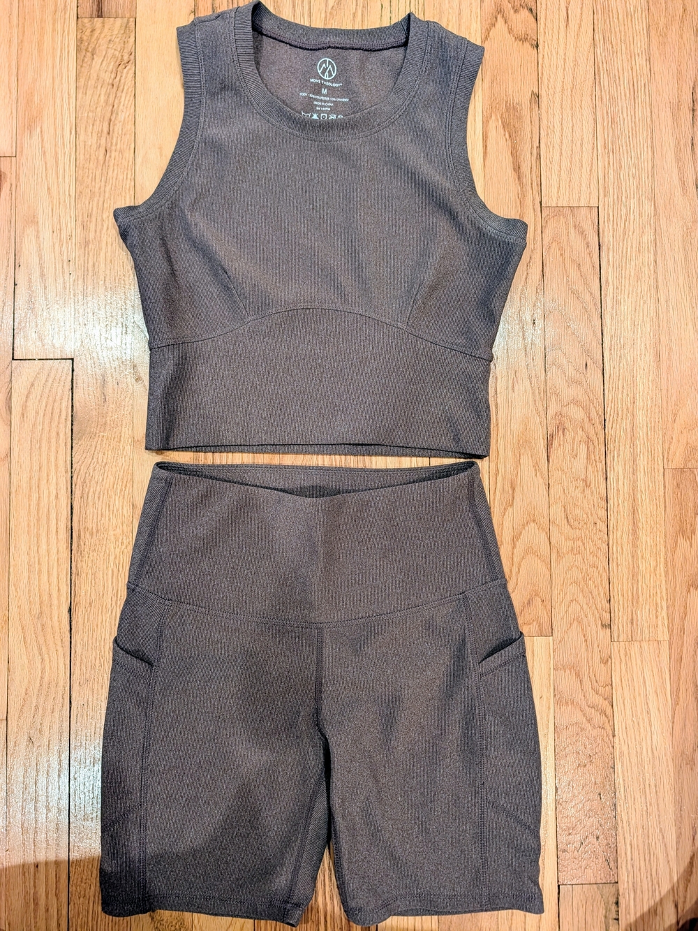 Move Theology Ribbed Workout Crop Tank & High-Waist Bike Shorts Set - Brown